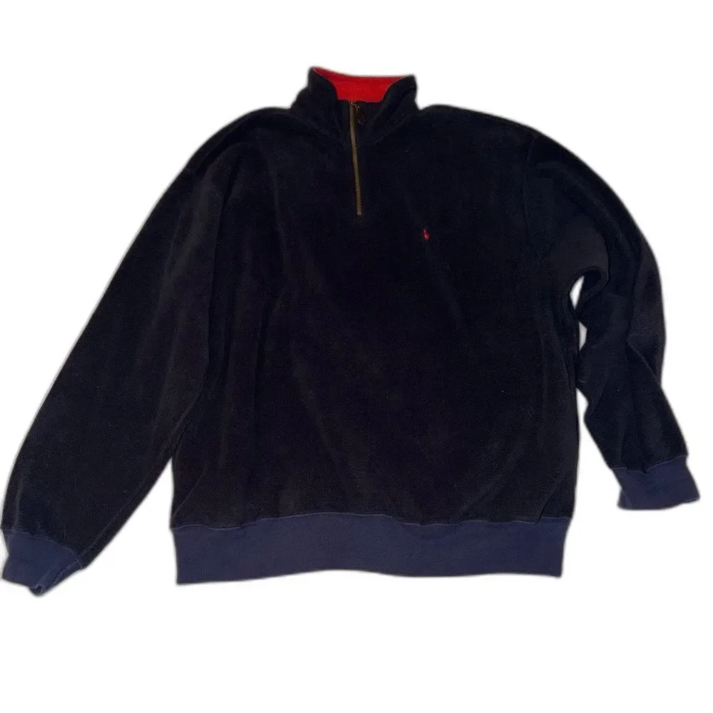 Vintage Polo Ralph Lauren Quarter Zip Fleece Navy Red Collar Pony Men L 90s